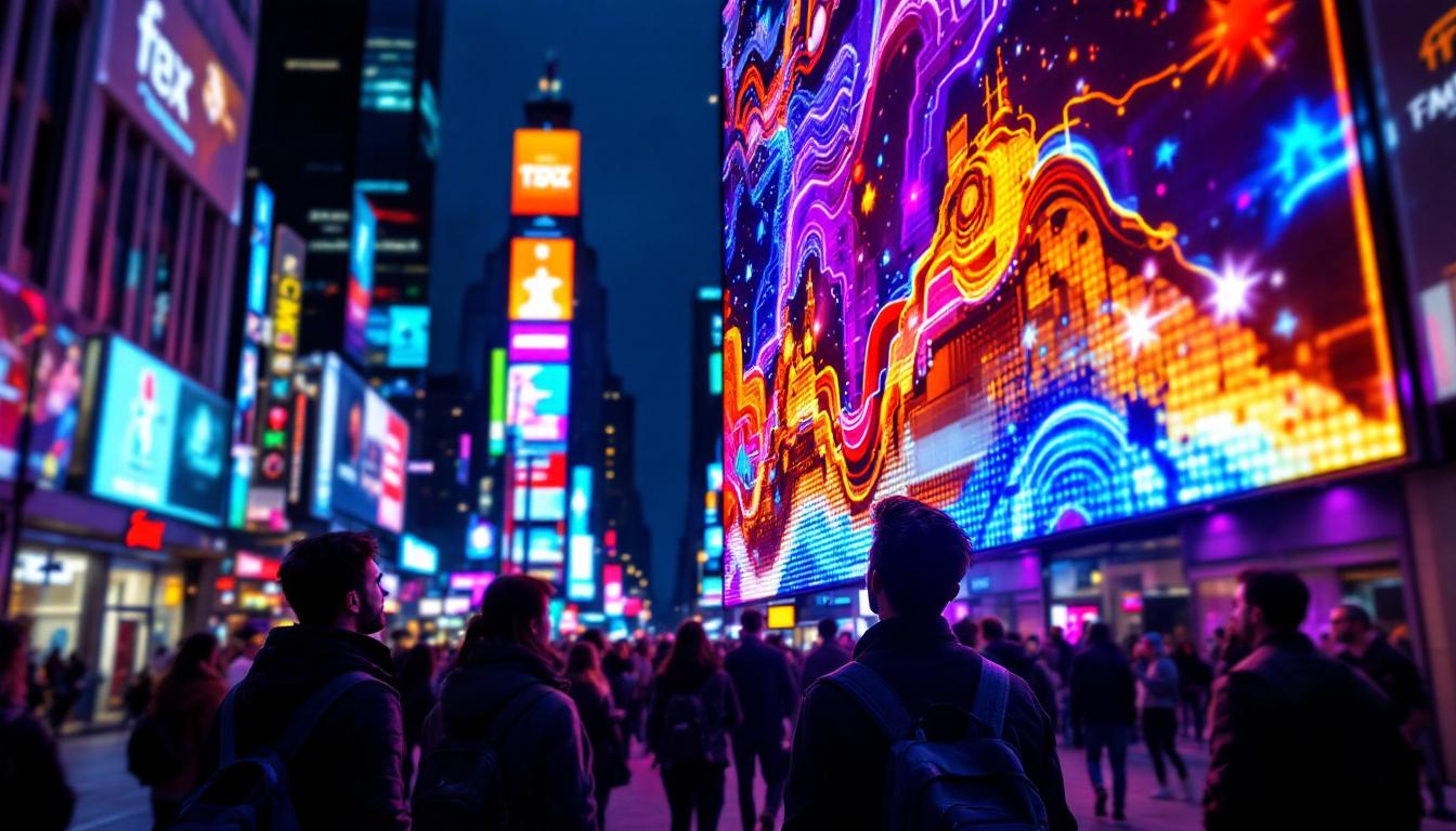A photograph of a vibrant led display in a bustling urban environment