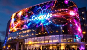 A photograph of capture a photograph of the world wide technology headquarters showcasing its impressive led display