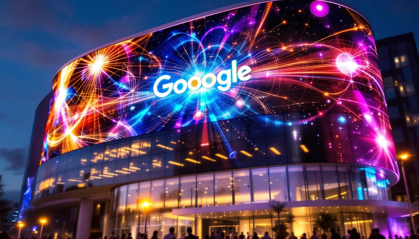 A photograph of capture a photograph of the world wide technology headquarters showcasing its impressive led display