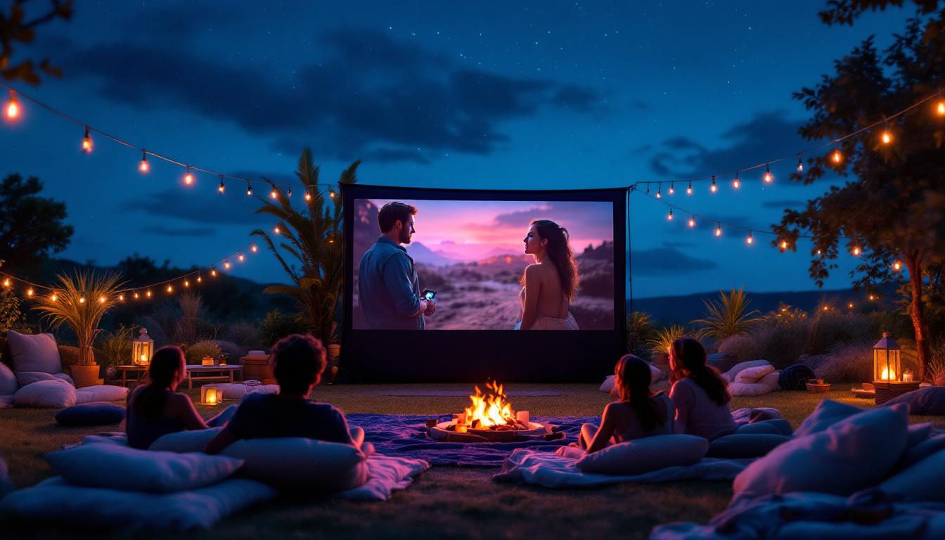 A photograph of a vibrant outdoor movie night scene featuring a large led projector displaying a classic film