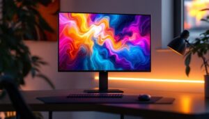 A photograph of a sleek monitor stand featuring an led display in a modern workspace setting