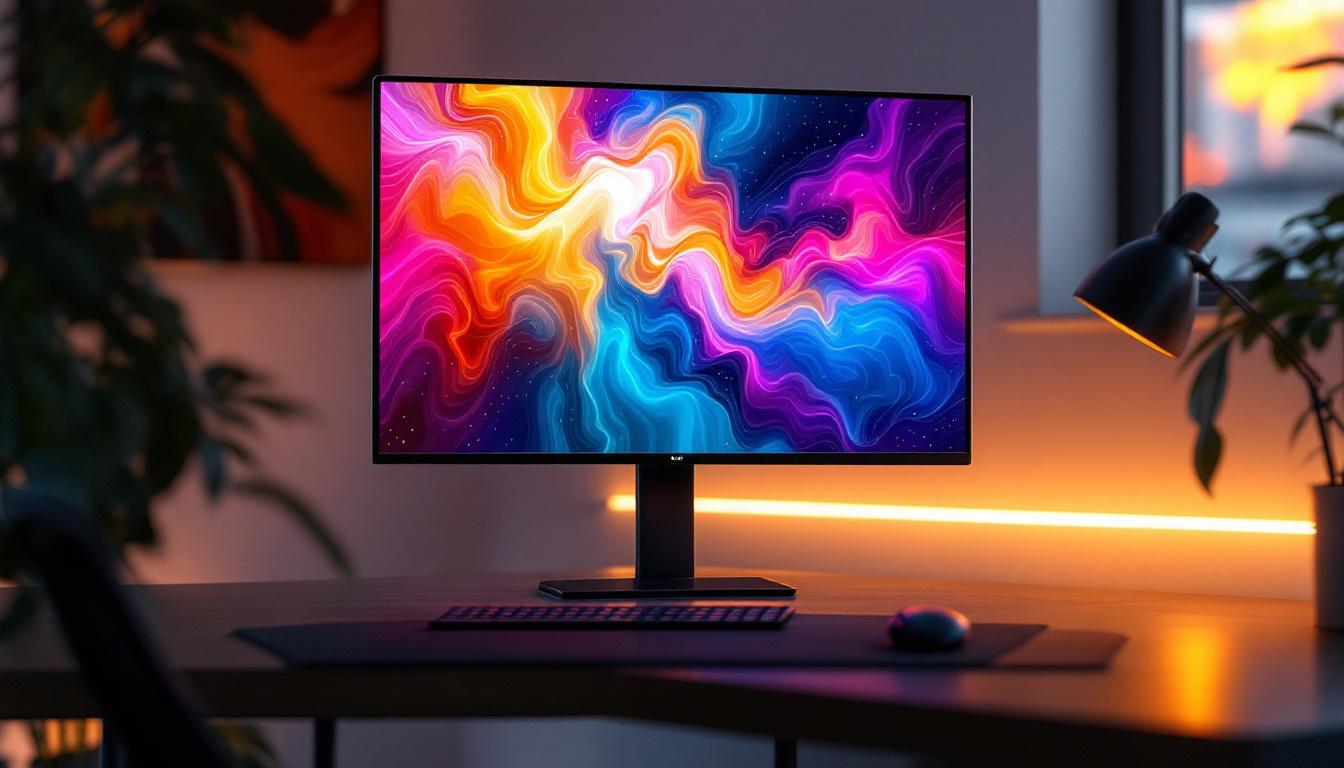 A photograph of a sleek monitor stand featuring an led display in a modern workspace setting