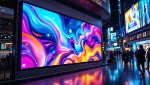 A photograph of a vibrant commercial digital signage display in a bustling urban environment