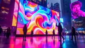 A photograph of a vibrant led display in an urban setting