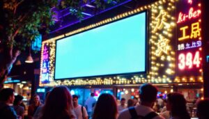 A photograph of capture a photograph of a vibrant outdoor led sign in action