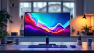 A photograph of a sleek 25-inch led desktop monitor displaying vibrant visuals