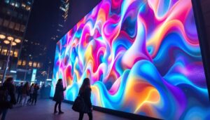 A photograph of a vibrant wall cloud led display in an urban setting