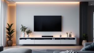 A photograph of capture a photograph of a stylish wall panel entertainment center featuring a sleek led display