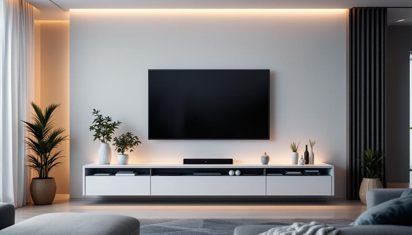 A photograph of capture a photograph of a stylish wall panel entertainment center featuring a sleek led display