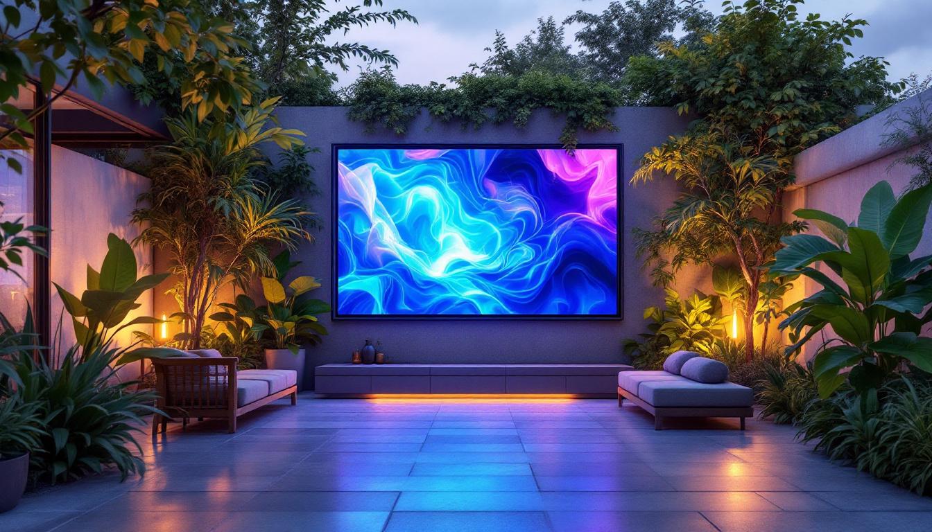 A photograph of a vibrant outdoor setting featuring a modern led display integrated into a privacy wall