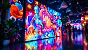 A photograph of a vibrant stackable led display in a dynamic setting