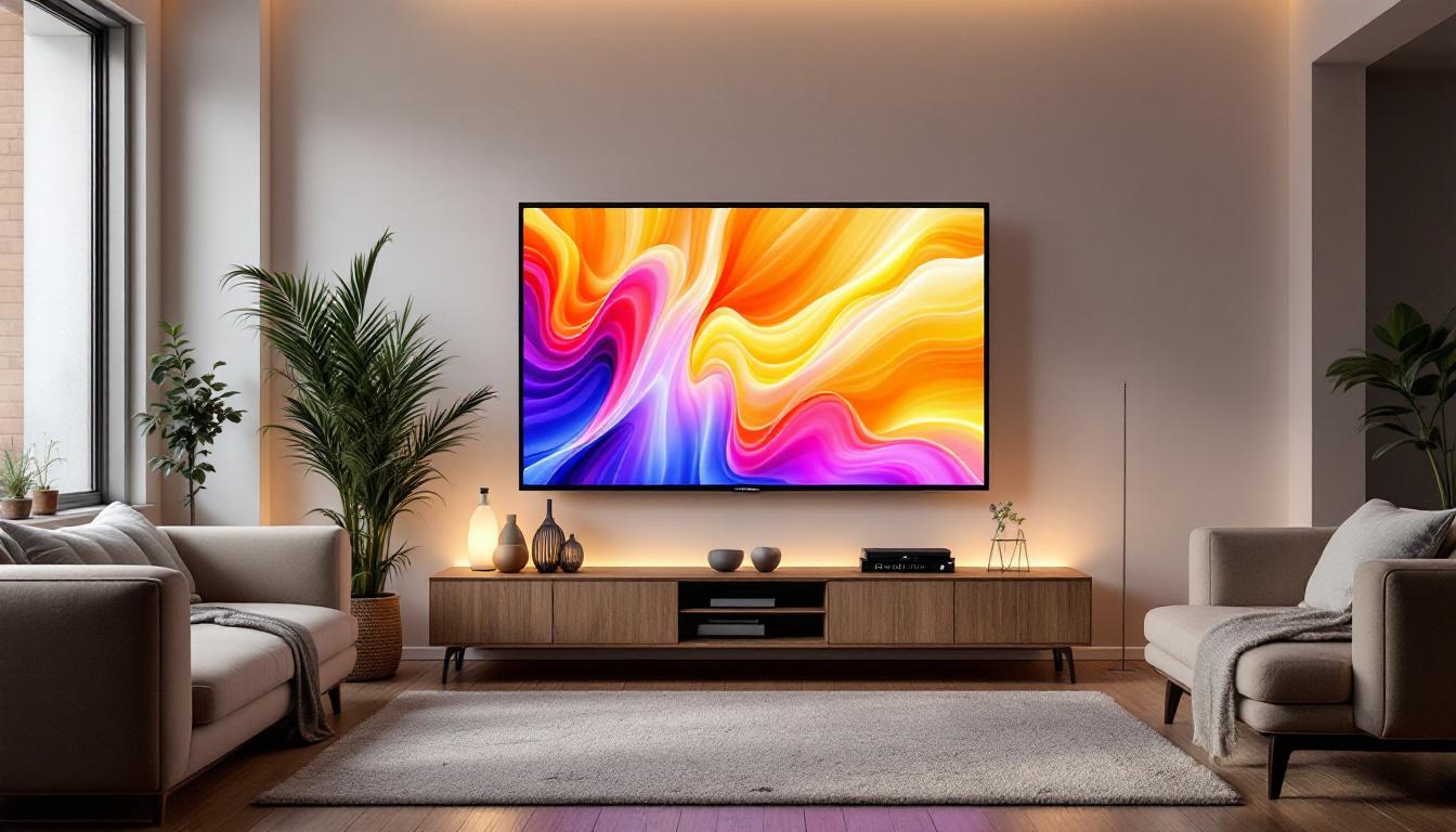 A photograph of a modern living room featuring a sleek led tv displaying vibrant colors
