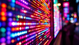 A photograph of a vibrant led display in a dynamic setting