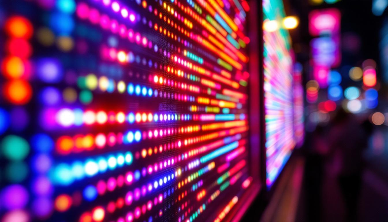 A photograph of a vibrant led display in a dynamic setting