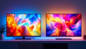 A photograph of a side-by-side comparison of an lcd tv and an led tv