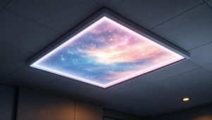 A photograph of a close-up view of a 12x12 square ceiling tile featuring an integrated led display