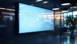 A photograph of a sleek led display showcasing american express and concur branding in a modern business environment