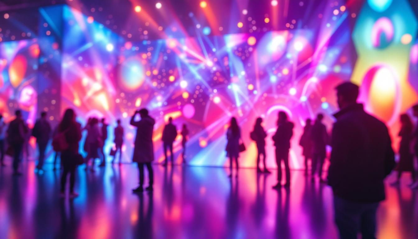 A photograph of a vibrant led display in a dynamic setting