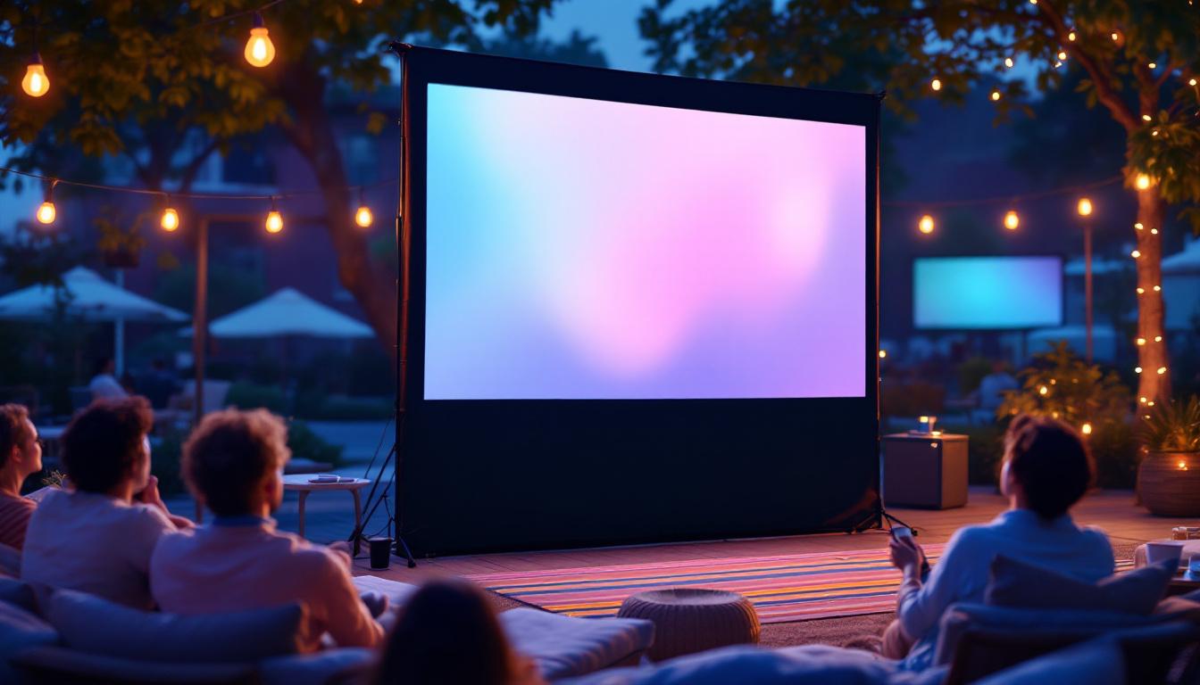 A photograph of a vibrant outdoor setting featuring a portable projection screen displaying an led image