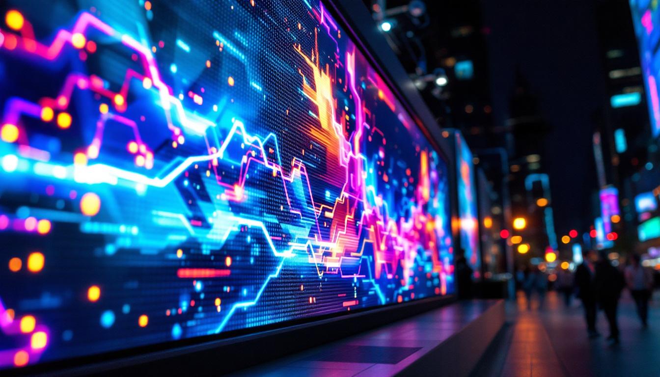 A photograph of a vibrant led display showcasing dynamic visuals or colorful graphics