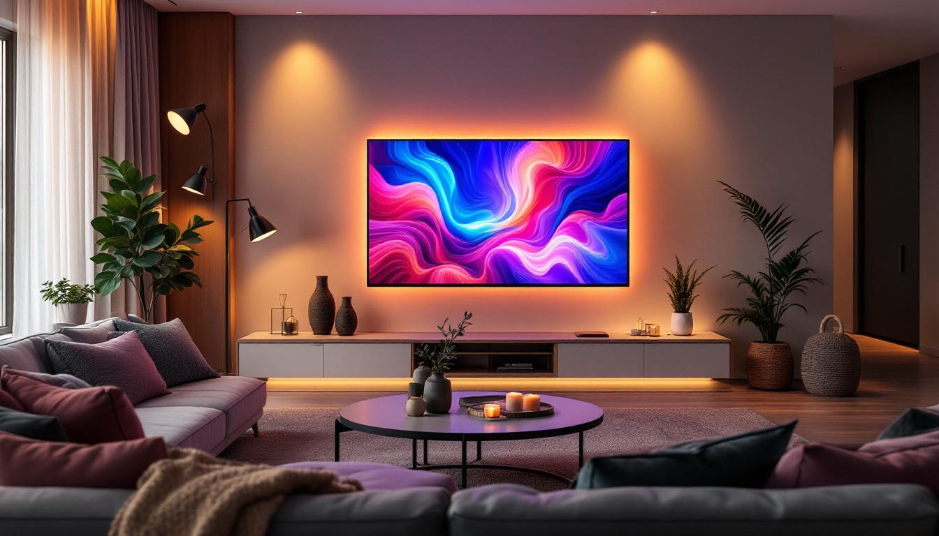A photograph of a modern living room featuring a sleek led display showcasing vibrant visuals