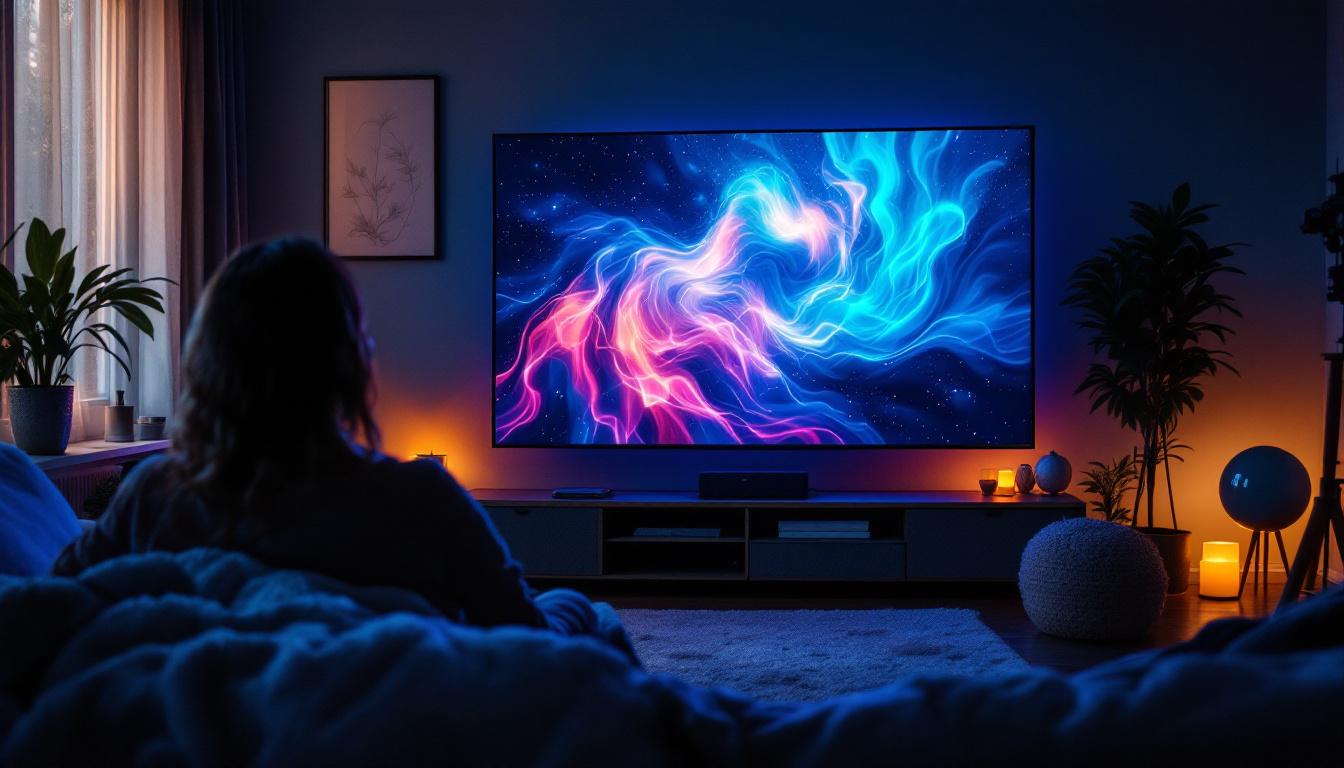 A photograph of a 32-inch projector screen displaying vibrant led visuals in a cozy home setting
