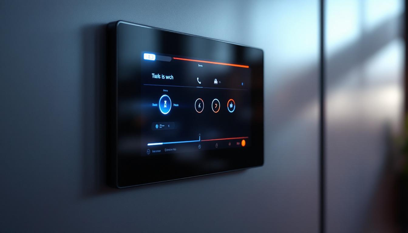 A photograph of a sleek touch screen switch panel featuring a vibrant led display