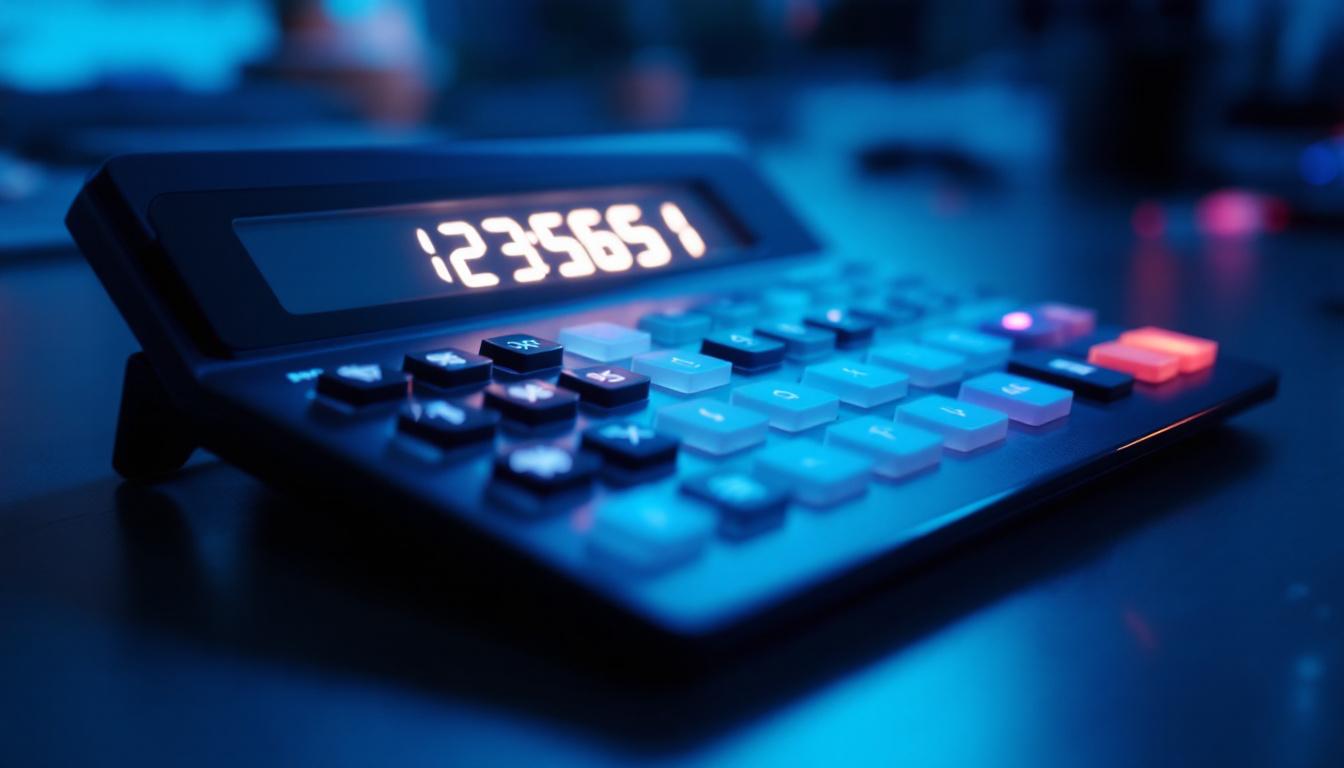 A photograph of a large desktop calculator with a clear led display