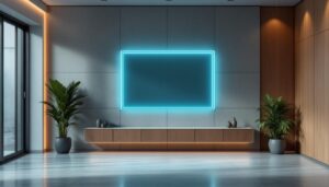 A photograph of a stylish interior featuring paneled walls integrated with a sleek led display