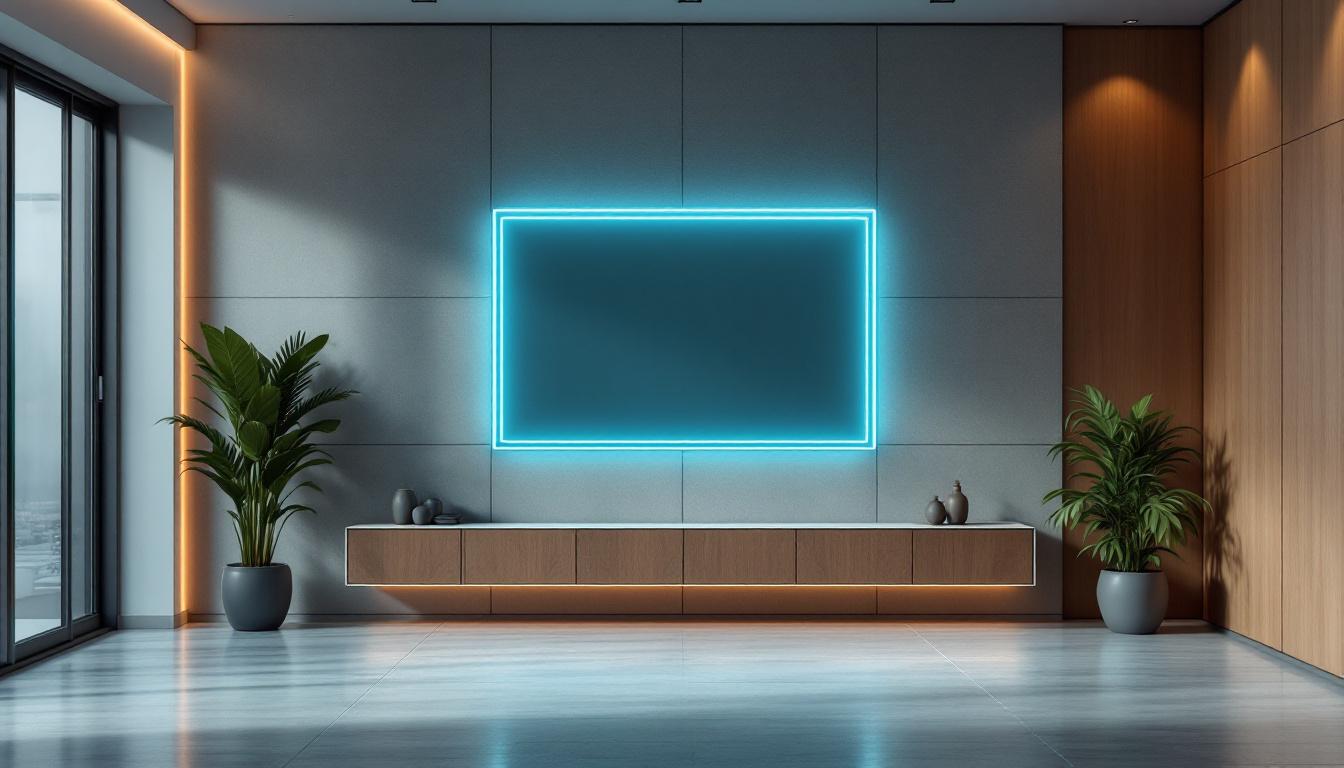 A photograph of a stylish interior featuring paneled walls integrated with a sleek led display