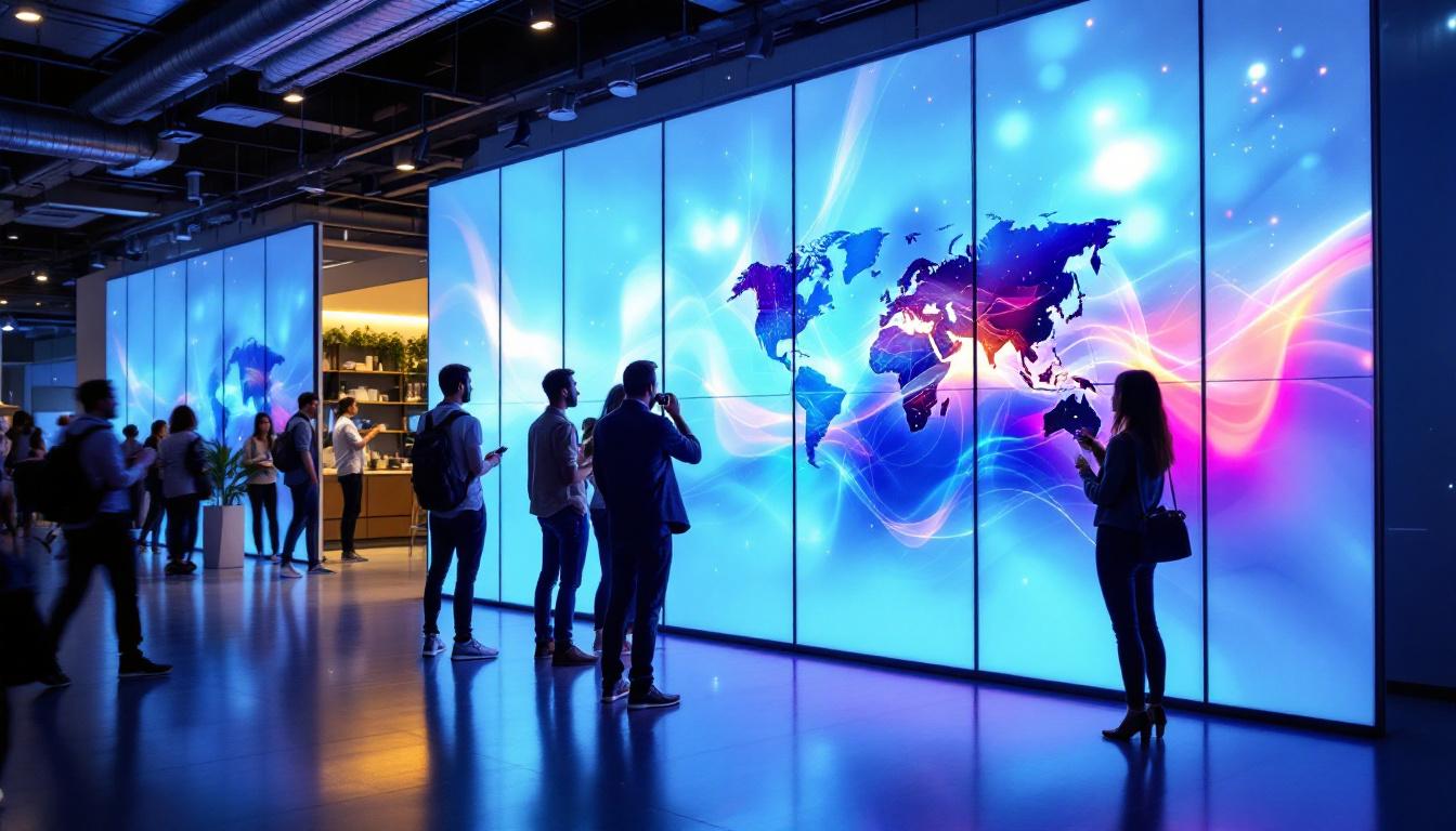 A photograph of capture a photograph of a modern temporary partition wall featuring an integrated led display