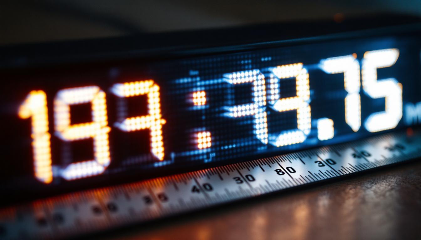 A photograph of a close-up of a digital led display showcasing a measurement conversion from inches to millimeters
