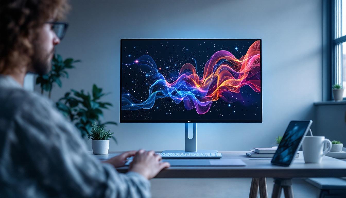 A photograph of a sleek 55-inch touch screen monitor in a modern workspace setting