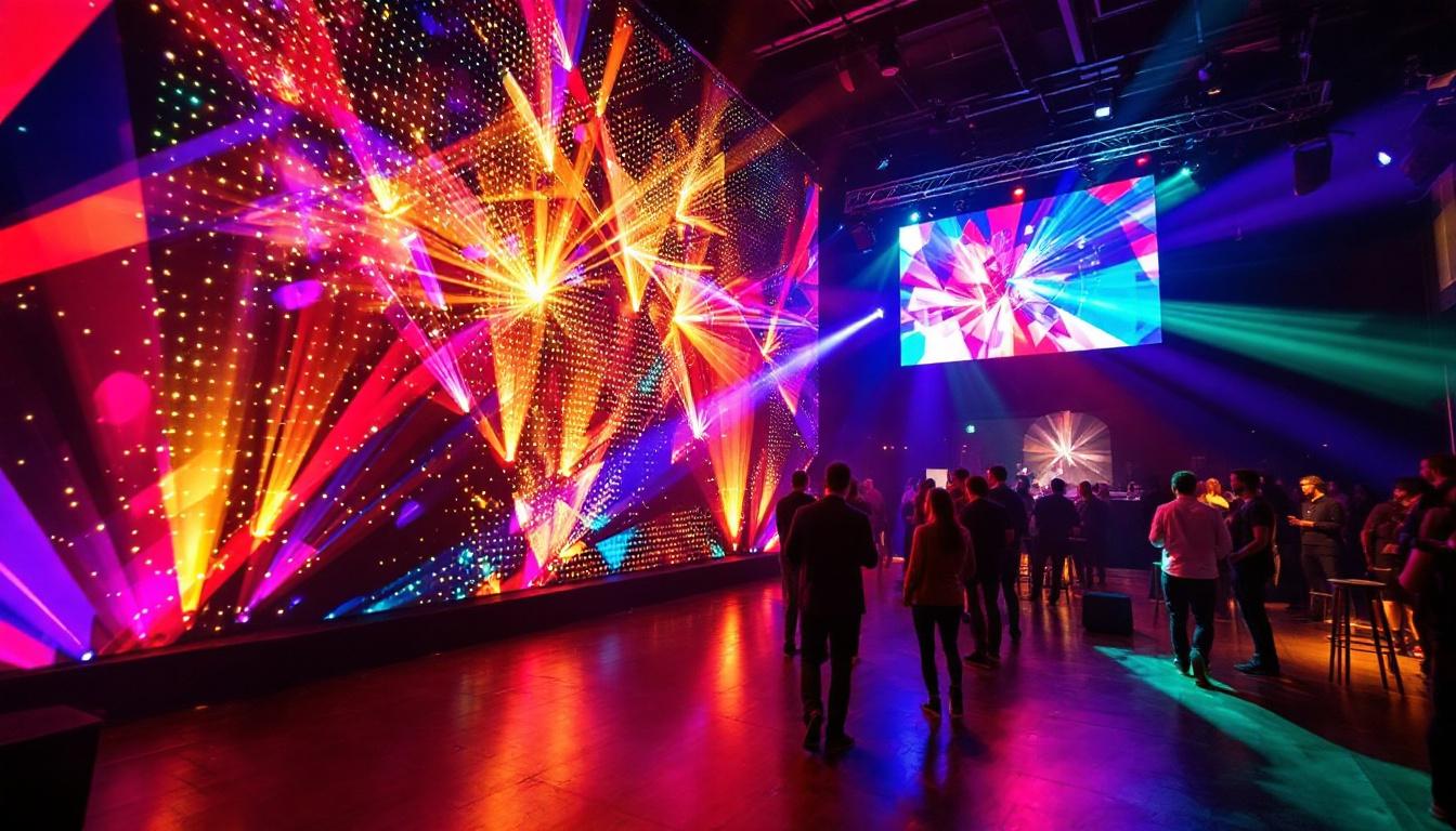 A photograph of capture a photograph of the double door event space showcasing its vibrant led display in action during an event