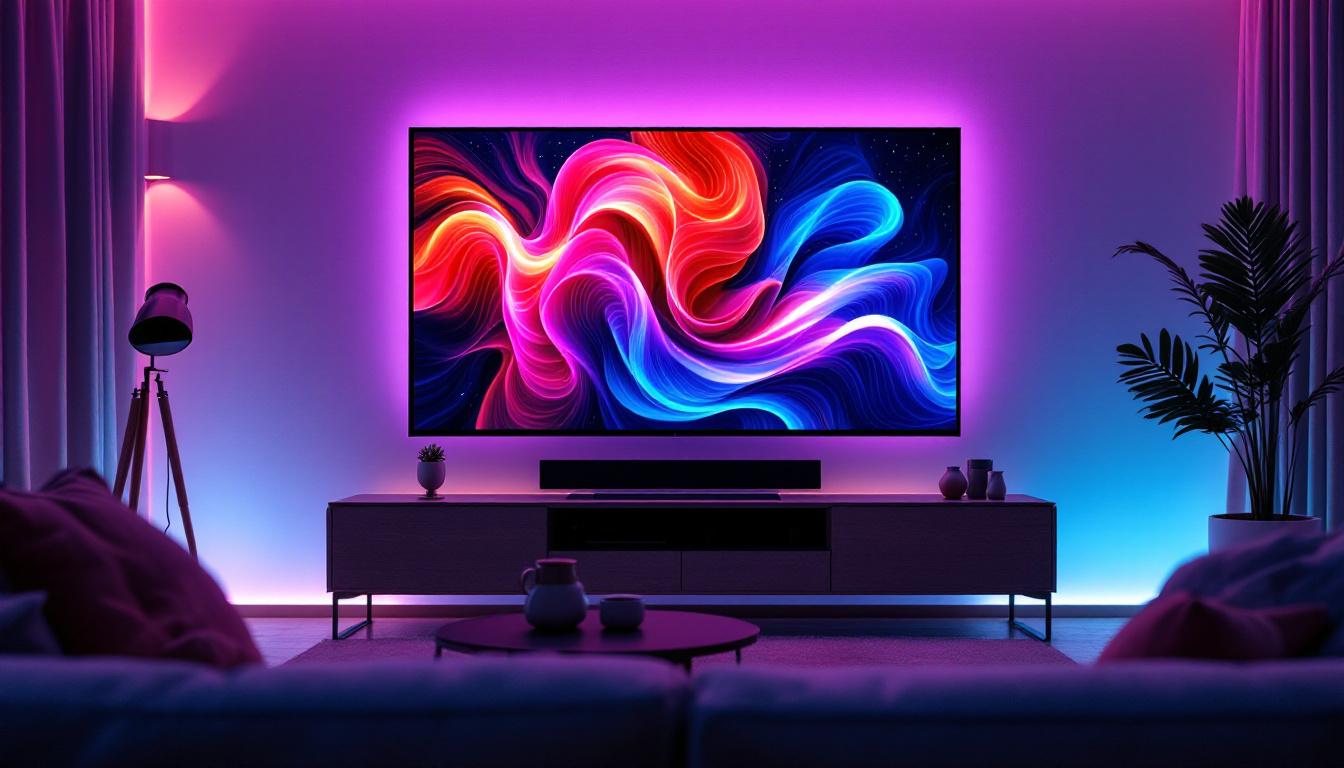 A photograph of a modern living room featuring a sleek led tv displaying vibrant colors