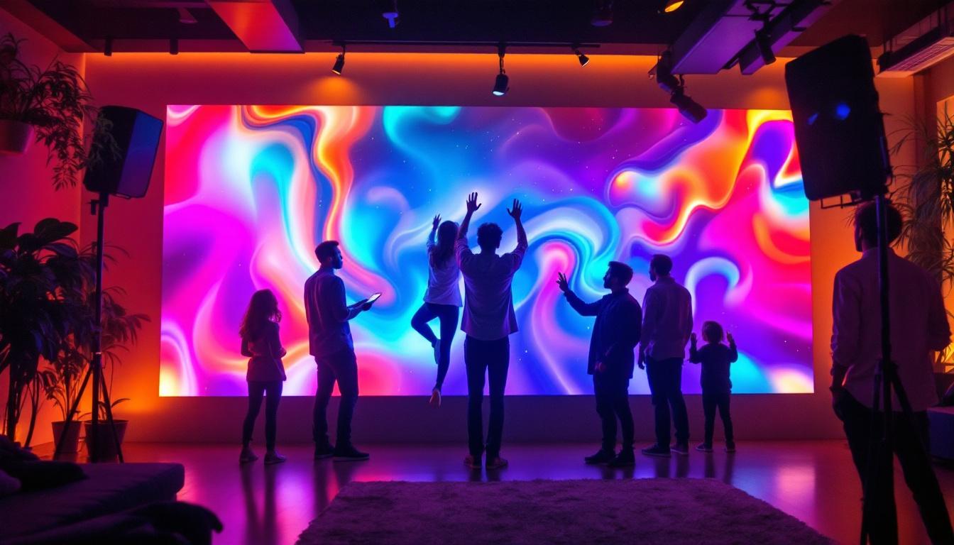A photograph of capture a photograph of a vibrant 10-foot led wall panel in an engaging setting