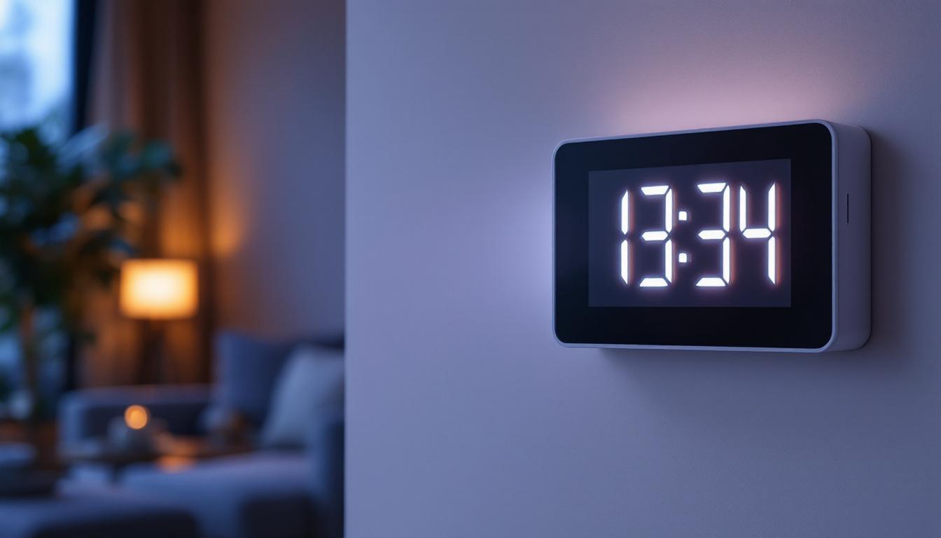 A photograph of a sleek wall-mounted led clock projector in a modern living space