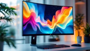 A photograph of a sleek 22-inch led monitor displaying vibrant graphics or a visually appealing desktop setup