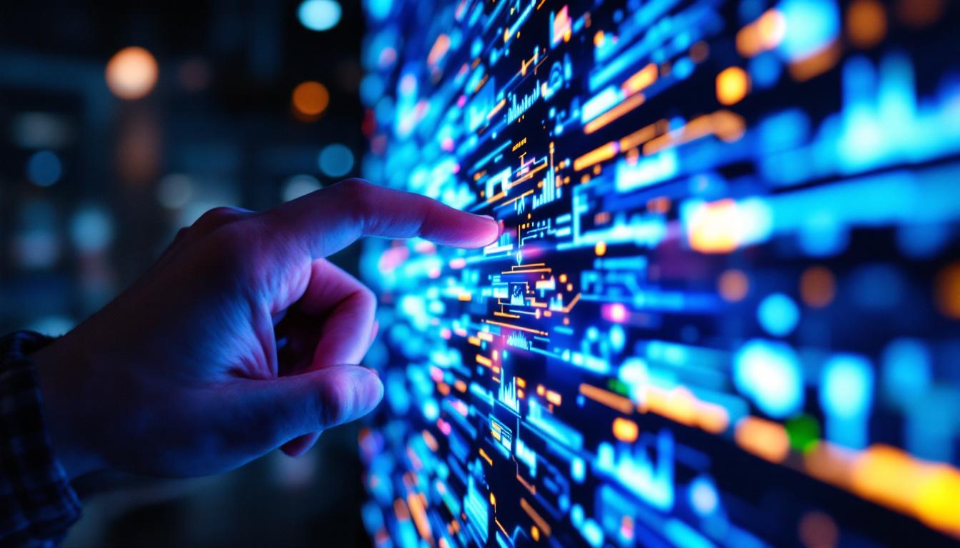 A photograph of a close-up shot of a vibrant led display screen showcasing dynamic visuals