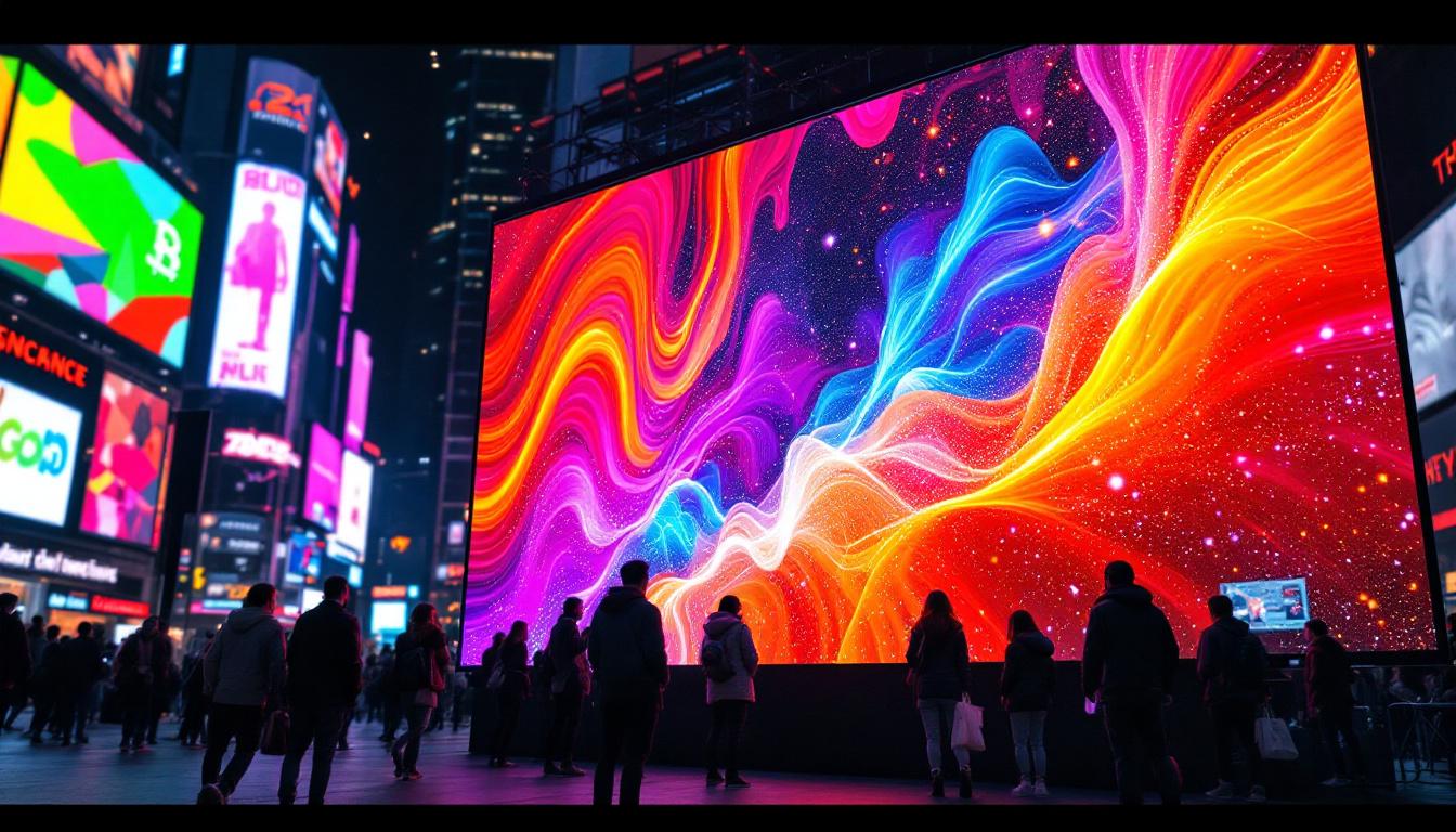 A photograph of a vibrant led display in a bustling urban setting