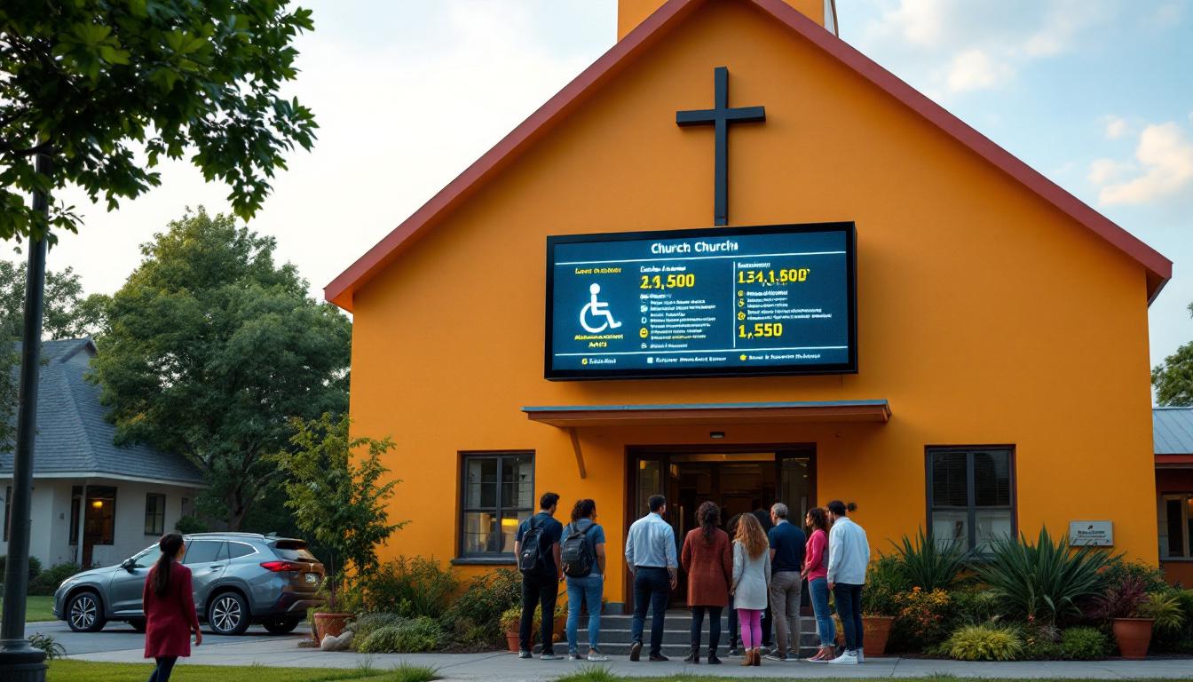 A photograph of a vibrant church exterior featuring an led display board