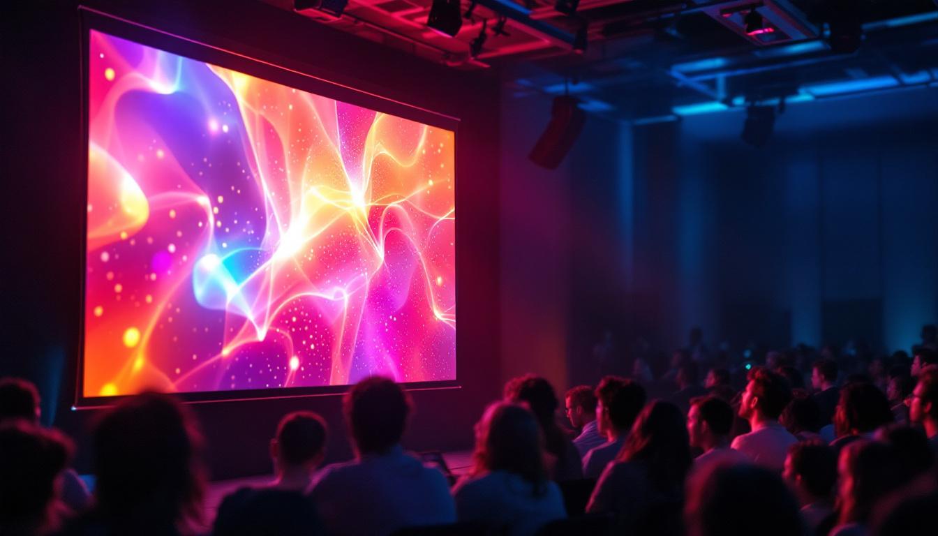 A photograph of a vibrant led projection screen in use during a presentation or event