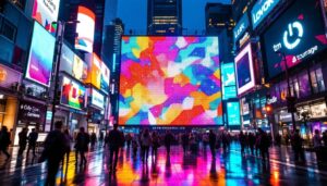 A photograph of capture a photograph of a vibrant led display in a dynamic urban setting