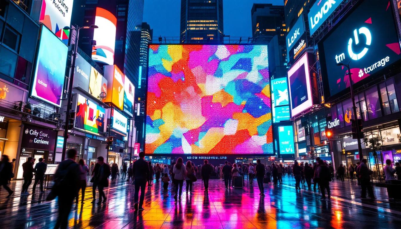 A photograph of capture a photograph of a vibrant led display in a dynamic urban setting