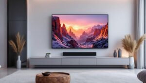 A photograph of a stylish corner tv wall mount showcasing a sleek led display in a modern living room setting
