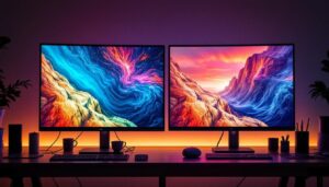 A photograph of a side-by-side comparison of two led displays showcasing the differences in color vibrancy and resolution between a displayport 1.2 and a displayport 1.4 device
