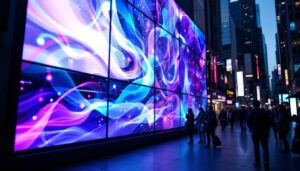 A photograph of a vibrant led display in a bustling urban environment