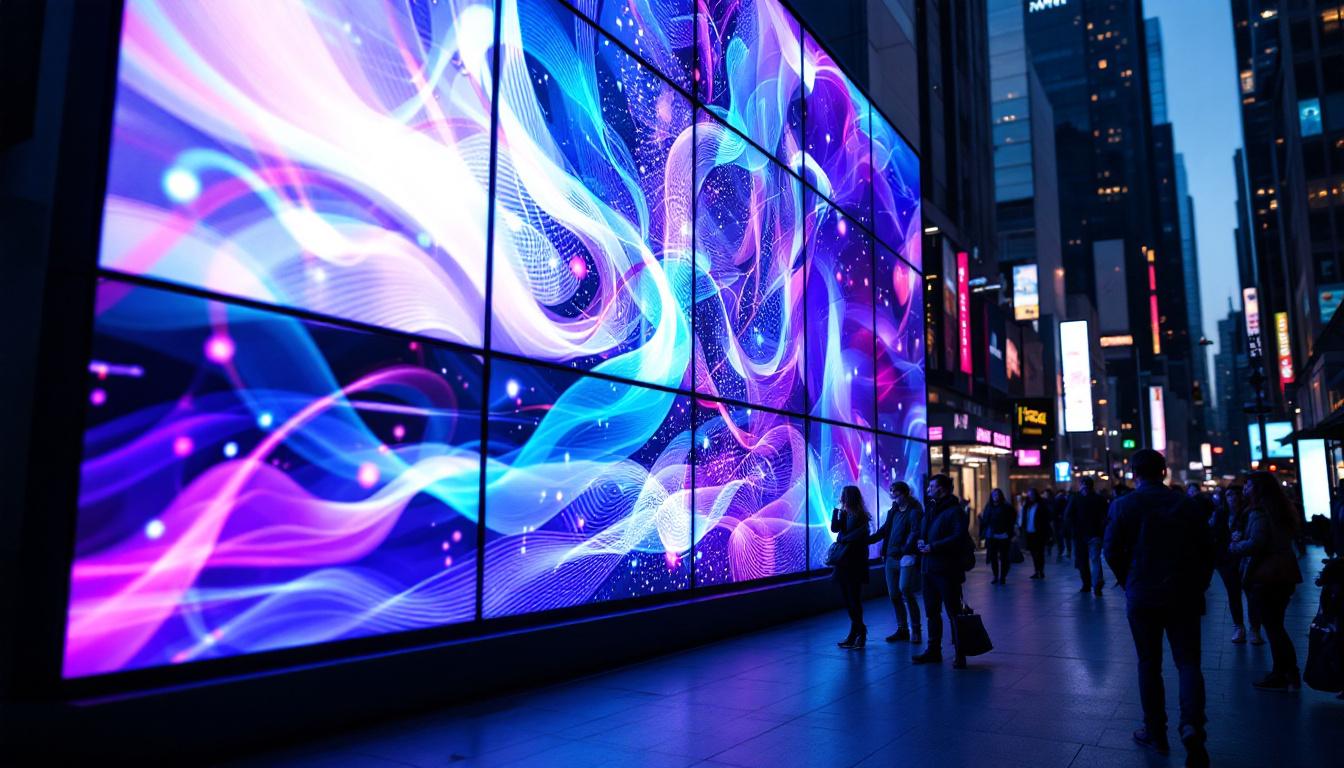 A photograph of a vibrant led display in a bustling urban environment