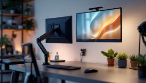 A photograph of a dual arm desktop monitor mount showcasing an led display in a modern workspace