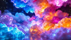 A photograph of capture a photograph of a vibrant led display showcasing a dynamic cloud-themed light installation